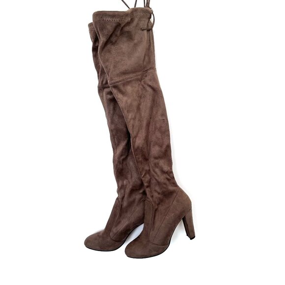 Suede Light Brown Boots Above Knee High with Strings in Back - Picture 1 of 6